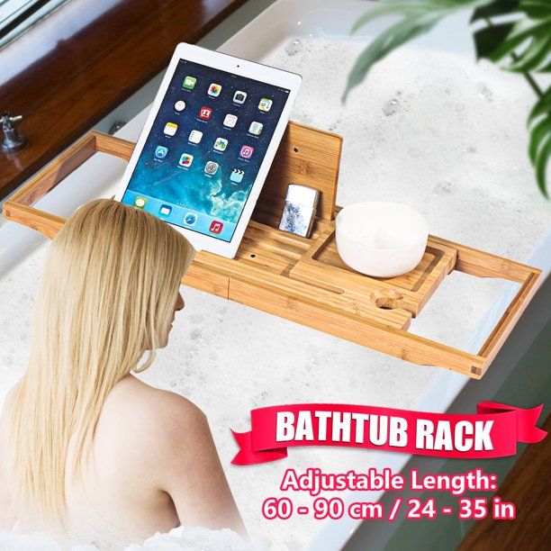 SELLCLUB Bamboo Bathtub Tray Caddy Wooden Bath Rack Tray Table with Extending Sides Reading Rack ... | Walmart (US)