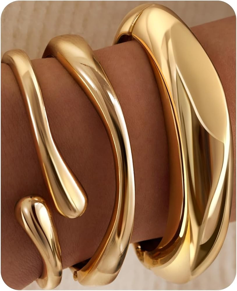 Chunky Gold Bangles for Women, Thick 14k Gold Plated Stackable Big Large Bangle Cuff Bracelets Se... | Amazon (US)