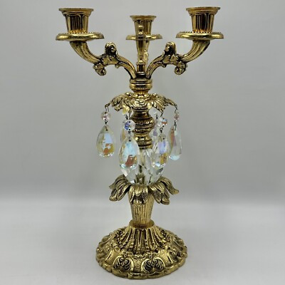 Vintage Ornate 3 Arm Gilt Candleabra w/Prisms 13.5” Hollywood Regency Style /cb  | eBay | eBay US