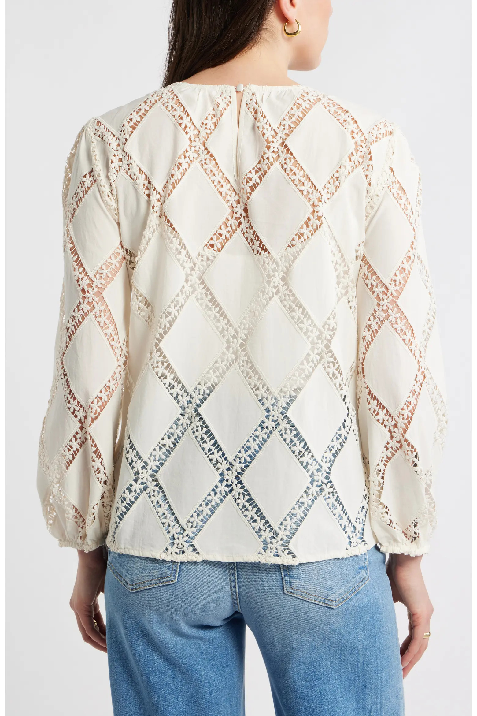 Caslon® Lattice Lace Bracelet Length Sheer Cotton Top (Women) | Nordstrom | Nordstrom