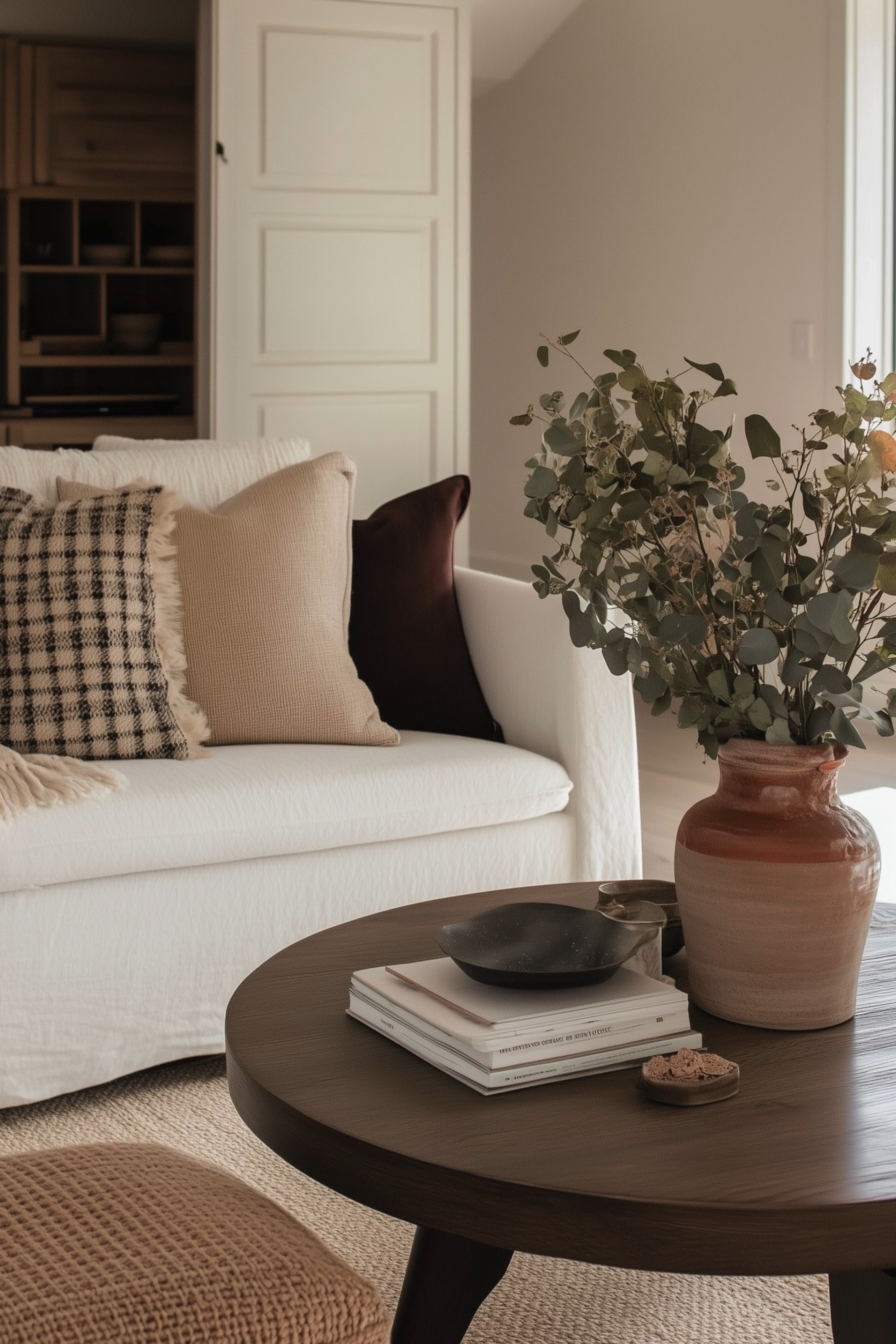 Warm Neutral Living Room Moment — a cozy organic modern scene with a white slipcovered sofa, layered plaid and textured pillows, rich cocoa-burgundy accent, and a chunky knit throw. A round dark-wood coffee table is styled with ceramic bowls, coffee table books, and a terracotta vase filled with eucalyptus, grounded by a jute rug and woven ottoman for a collected, Scandinavian-meets-modern-farmhouse vibe.

🖤 If you want to see more content like this, FOLLOW maeveandmodern on LTK, Instagram, and Pinterest! Check out our blog where we post daily, maeveandmodern.com!

Neutral living room | Organic modern decor | White slipcovered sofa | Round wood coffee table | Plaid throw pillow | Burgundy accent pillow | Textured knit pouf | Terracotta vase | Eucalyptus branches | Coffee table styling | Cozy fall living room | Jute rug | Minimalist shelves | Warm earthy tones | Scandinavian inspired | Modern farmhouse accents | Layered throw blankets | Soft neutral palette
  

 #LTKFindsUnder100

#LTKHome #LTKSaleAlert #LTKSeasonal #LTKHome #LTKSaleAlert