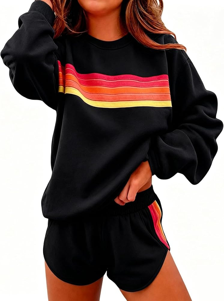Womens 2 Piece Sets Rainbow Striped Outfits Soft Loungewear Sets | Amazon (US)