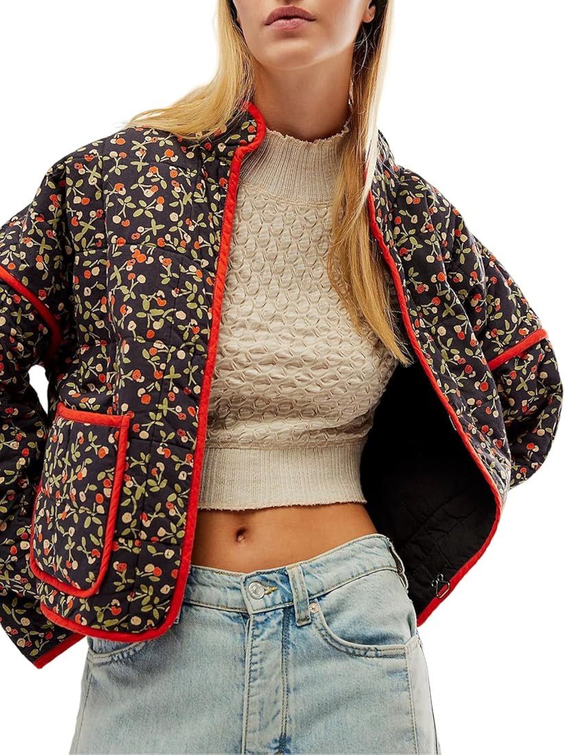 Wyeysyt Women's Cropped Puffer Jacket Lightweight Floral Print Long Sleeve Padded Quilted Puffy C... | Amazon (US)