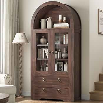 Kitchen Pantry Cabinet, Arched Bookshelf Bookcase China Pantry Storage Cabinet with Drawers Doors... | Amazon (US)