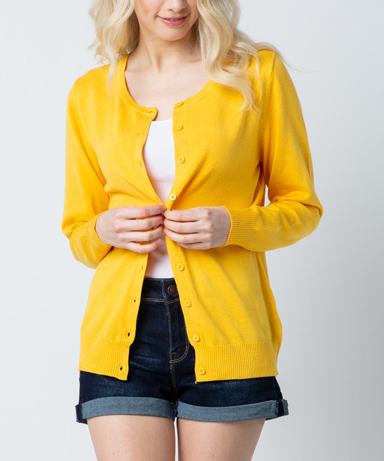 Yellow Crewneck Cardigan - Women | Zulily