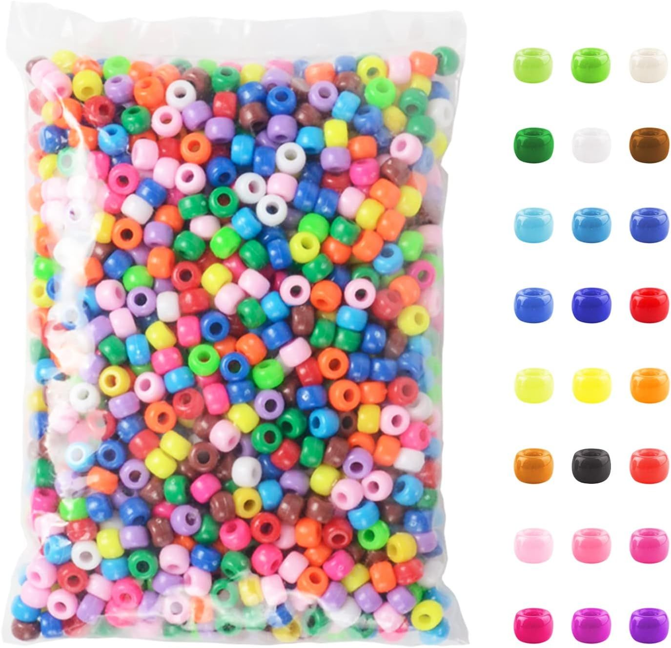 Pony Beads, 1200Pcs 6x9mm Multicolor Plastic Craft Beads Set, Bulk Rainbow Hair Beads 24 Assorted... | Amazon (US)
