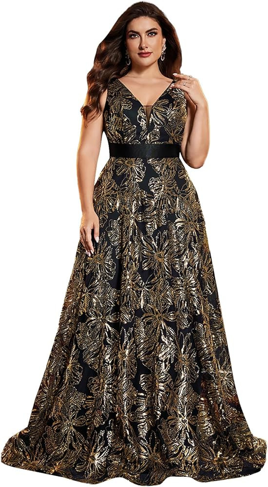 Plus Size Formal Dresses for Women with Embroidery Sequin and V-Neck, A-Line Maxi Dress for Wedding and Cocktail | Amazon (US)