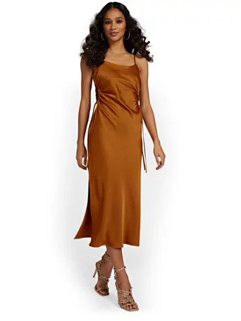 NY & Co Women's Side Cut-Out Satin Midi Dress - Sans Souci Orange Size Small Polyester/Rayon | New York & Company