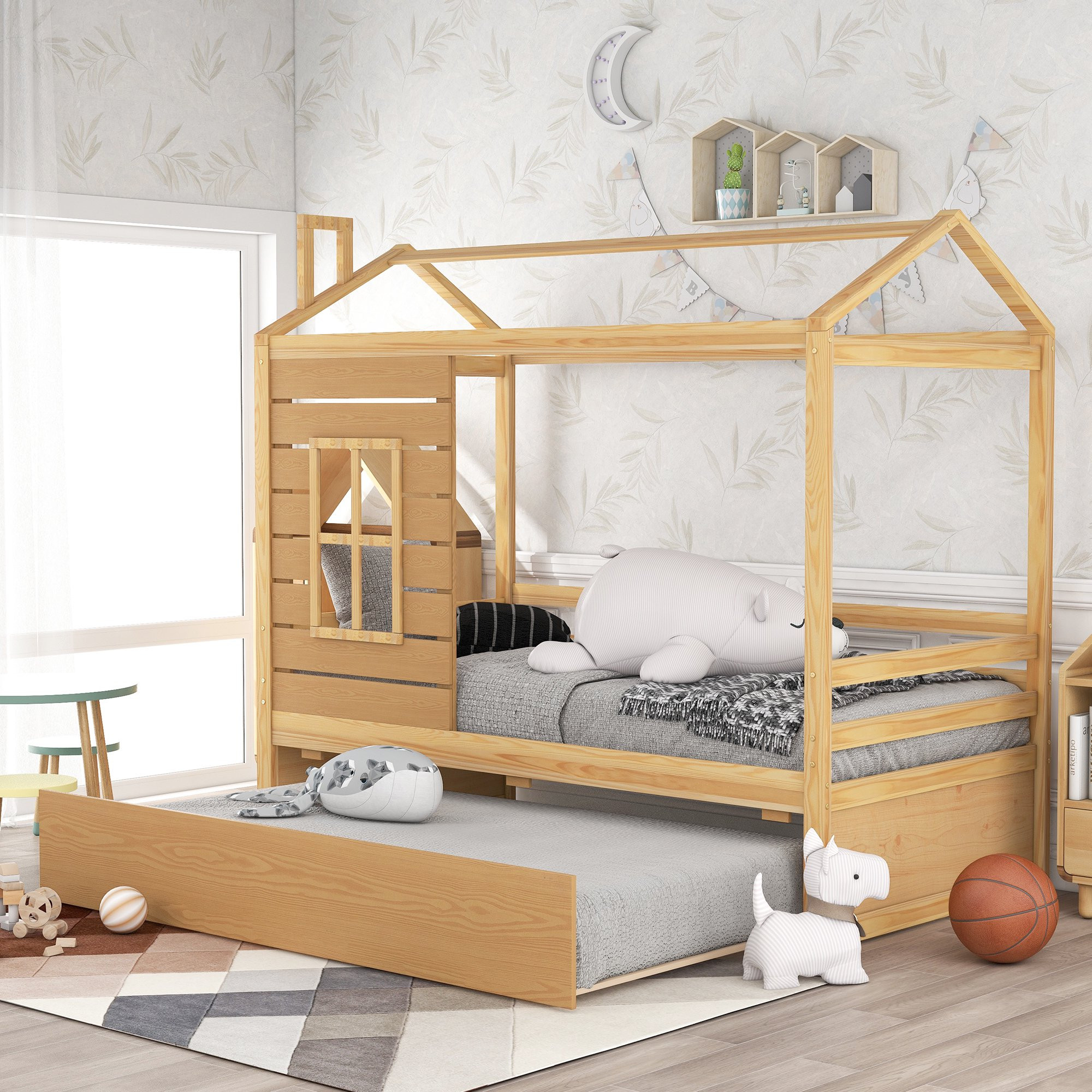 Nestfair Natural Twin Size House Style Wood Bed with Trundle | Walmart (US)