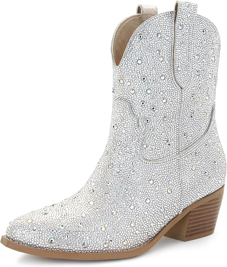 Women's Rhinestone Cowboy Boots Pointed Almond Toe Block Heel Sparkly Cowgirl Boots | Amazon (US)
