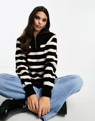 Miss Selfridge stripe knit half zip jumper in black stripe | ASOS (Global)