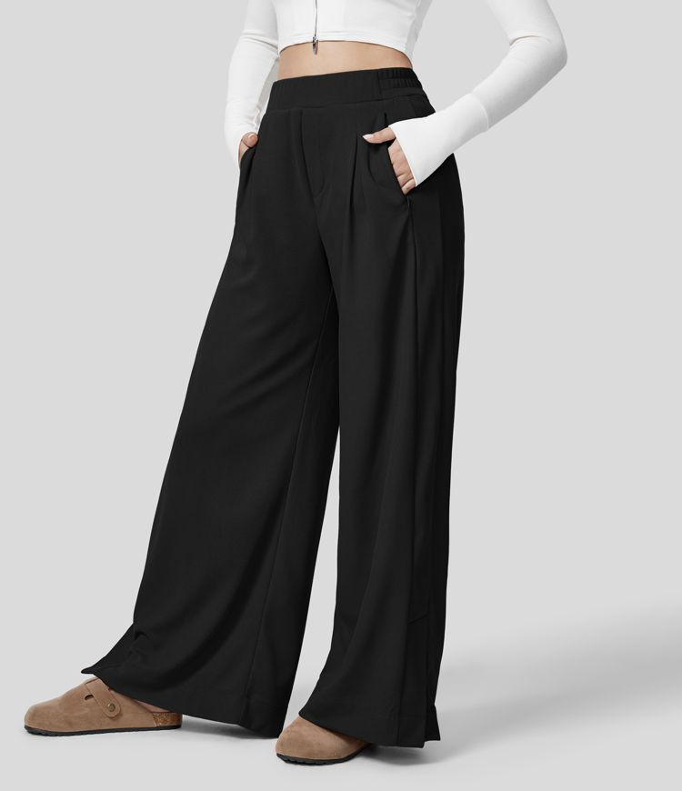 High Waisted Plicated Zipper Side Pocket Split Hem Wide Leg Waffle Casual Pants | HALARA