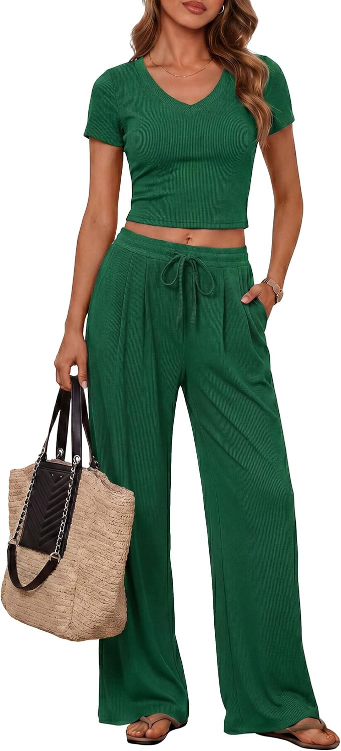 PRETTYGARDEN 2 Piece Sets for Women Summer 2026 Spring Lounge Set Matching V Neck Tops Wide Leg Pants Airport Travel Outfits | Amazon (US)