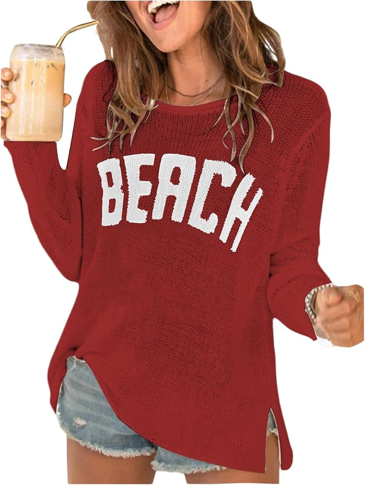 COZYEASE Women's Beach Cover Up Letter Print Long Sleeve Sweater Crew Neck Split Hem Crochet Jump... | Amazon (US)