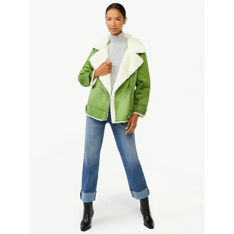 Scoop Women's Faux Suede Faux Fur Lined Oversized Moto Jacket - Walmart.com | Walmart (US)