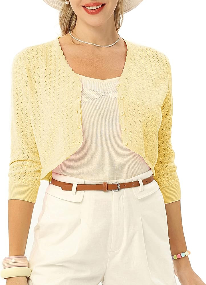 Womens Summer 3/4 Sleeve Bolero Shrug for Dress Open Front Scalloped Knit Cropped Cardigan Sweate... | Amazon (US)