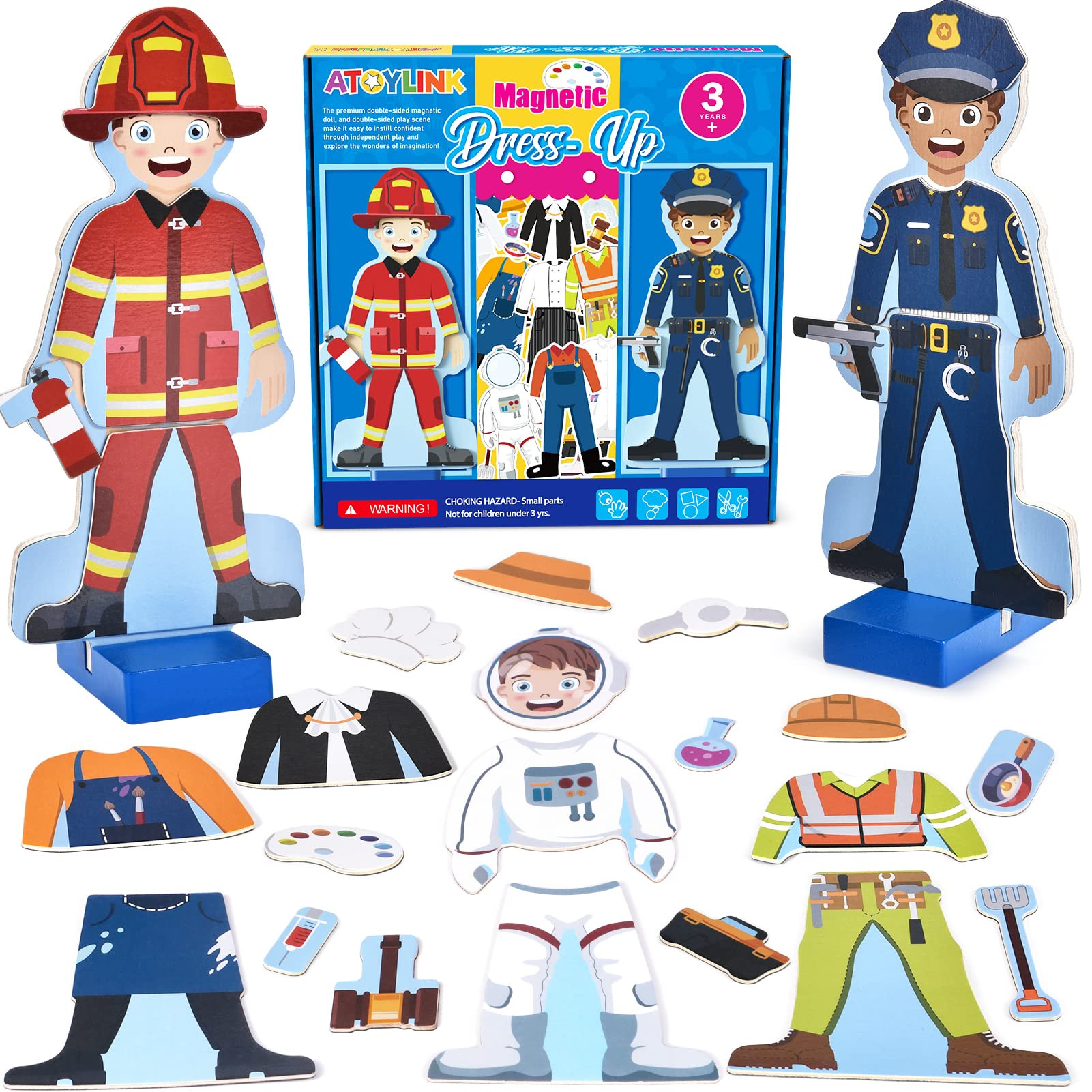 Atoylink Wooden Magnetic Dress up Dolls Pretend Play Set 40+ Pcs Occupations Community Helpers Ma... | Amazon (US)