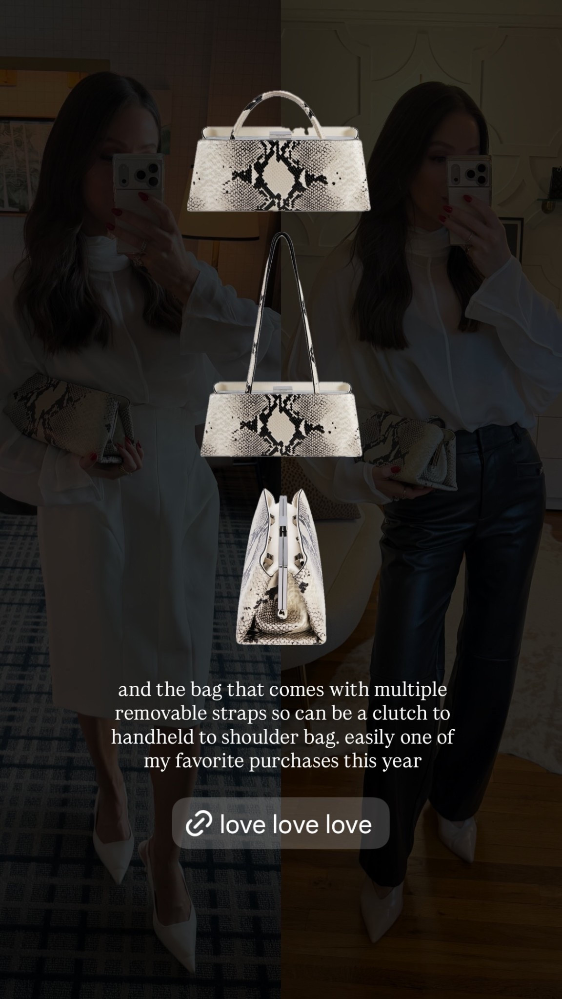 and the bag that comes with multiple removable straps so can be a clutch to handheld to shoulder bag. easily one of my favorite purchases this year