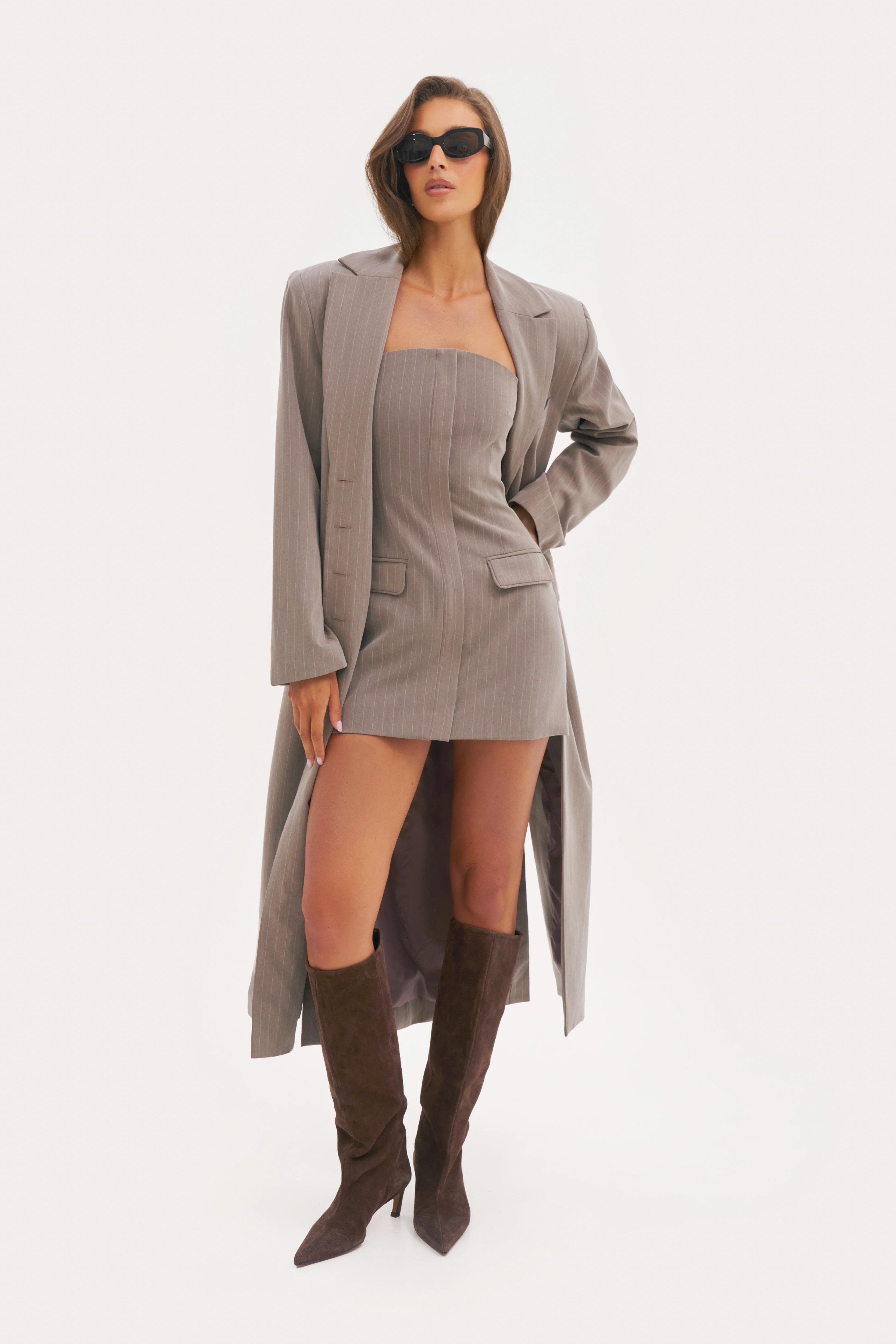 Pinstripe Bandeau Dress - Taupe | Maebe UK