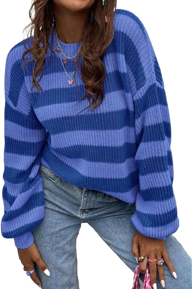 Women's Pullover Sweaters Long Sleeve Round Neck Striped Pattern Drop Shoulder Casual Sweater Jumper | Amazon (US)