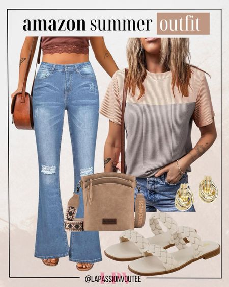 Elevate your summer look with a color-block loose t-shirt and flare jeans, paired with drop earrings, a crossbody bag, and braided slide sandals. Effortlessly chic and comfortable!

#LTKStyleTip #LTKFindsUnder100 #LTKSeasonal