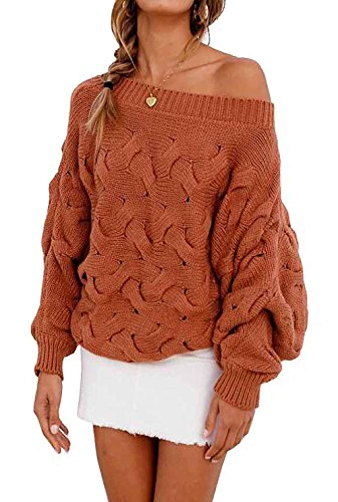 Women's Casual Sexy Off Shoulder Loose Batwing Sleeve Pullover Sweater Knit Jumper | Amazon (US)