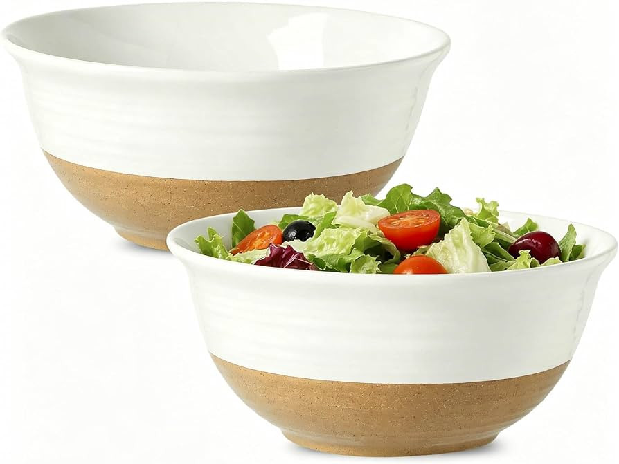 HASENSE Large Ceramic Serving Bowls Set of 2, 84 Oz 9 Inch White & Terracotta Stoneware Mixing Bo... | Amazon (US)