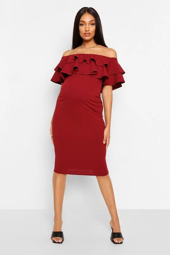 Maternity Ruffle Off The Shoulder Midi Dress | Boohoo.com (US & CA)