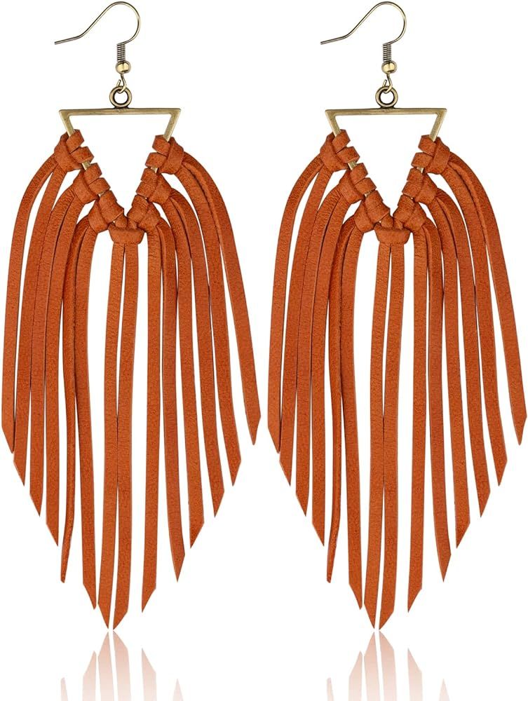 Fringe Leather Earrrings Triangle Deerskin Leather Boho Western Statement Dangel Earrings for Wom... | Amazon (US)