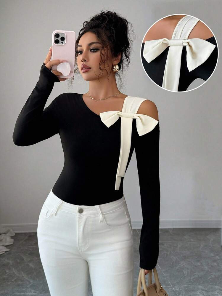 Elenzga Elegant Oblique Shoulder Bow Decor Fitted T-Shirt, Suitable For Dates, Shopping, Daily We... | SHEIN