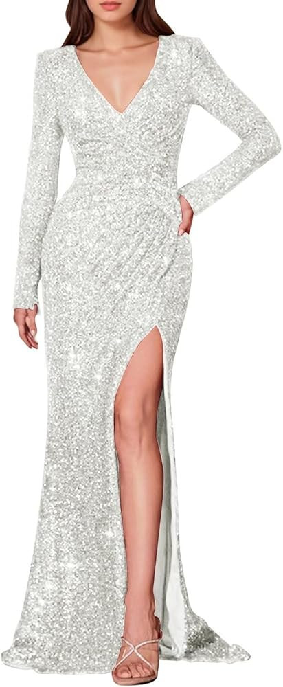 Basgute Sparkly Sequin Long Sleeve Prom Dresses Mermaid Slit V Neck Formal Evening Party Gown for... | Amazon (US)