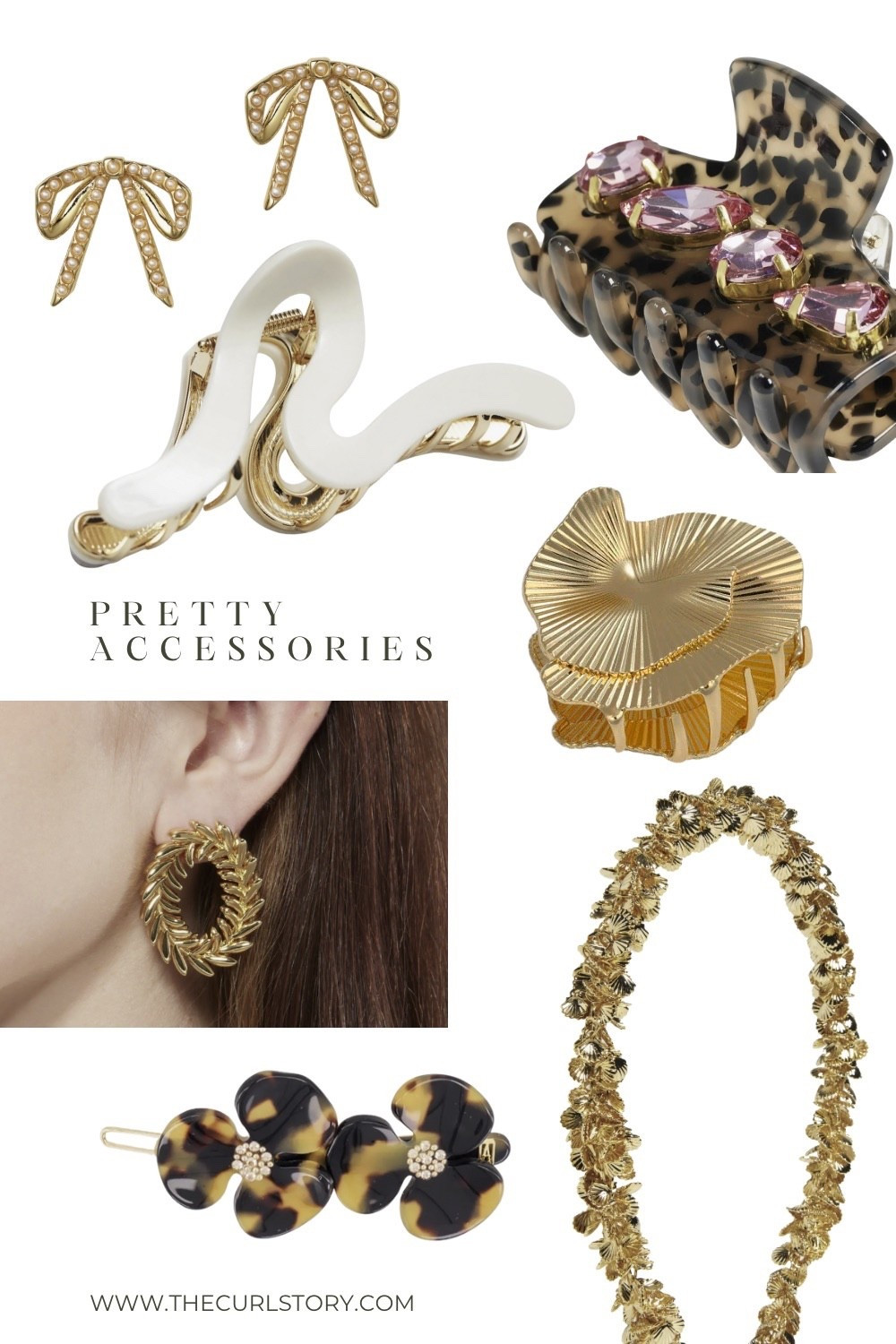 Pretty accessories. Gold bow earrings. Hair accessories. Leopard Claw clip. Tortoise shell Barrette. Neutrals #TheCurlStory

#LTKSaleAlert #LTKFindsUnder50