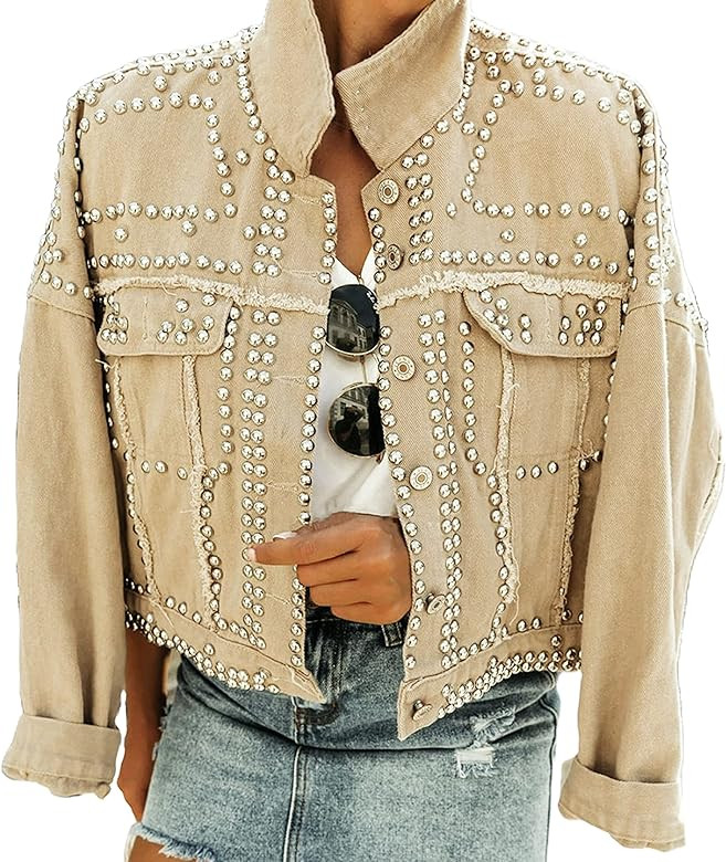 APAFES Women's Fashion Crop White Denim Jacket Distressed Western Studded Black Trucker Jacket | Amazon (US)