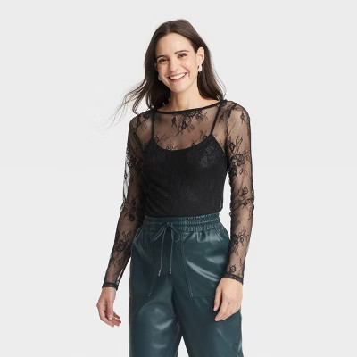 Women's Slim Fit Long Sleeve Lace Top - A New Day™ | Target