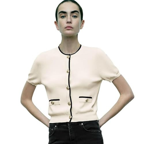 URBAN REVIVO Women’s Short Sleeve Cardigan Elegant Button Down Sweaters Knit Business Crew Neck Casual Tops 2024 Beige, Small | Amazon (US)