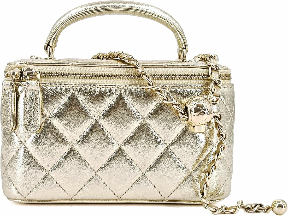 Small Genuine Leather Purse Quilted Crossbody Bag for Women, Mini Top-Handle Shoulder Handbag w/G... | Amazon (US)
