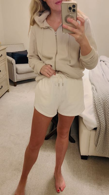 Some of my very favorite lounge pieces are these high waisted, drawstring, shorts, full, zip hoodie, the essential loungewear set for summer. #loungewearr

#LTKfitness #LTKfindsunder100 #LTKSeasonal