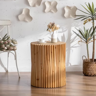 NicBex Retro Wood Cylindrical Coffee Table with Vertical Texture Relief Design End Table Side Table Center Table for Living Room, Natural | Target