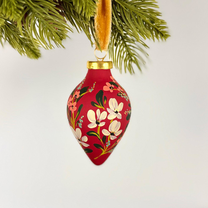 Festive Red Floral-Teardrop Shaped Ornament Ornaments | Minted