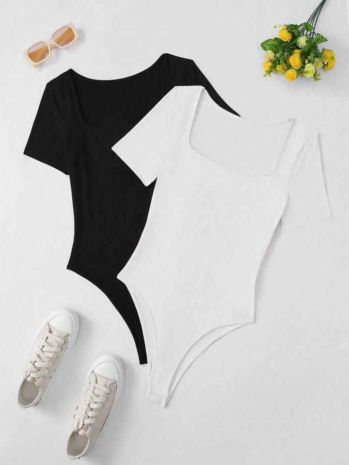 SHEIN Essnce Solid Color Square Neck Tight Short Sleeve Bodysuit For Summer | SHEIN