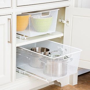 White Cabinet-Sized Elfa Mesh Pull-Out Cabinet Drawers | The Container Store
