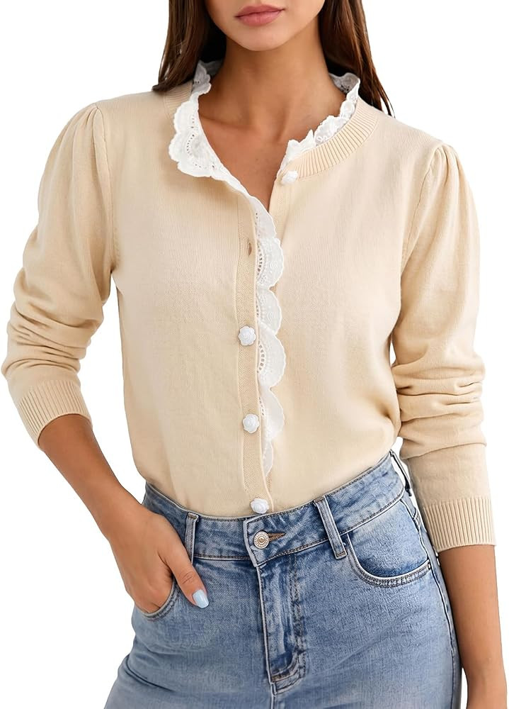 EVALESS Womens Long Sleeve Lace Trim Button Down Cardigan Sweaters | Amazon (US)