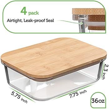 Glass Food Storage Containers with Bamboo Lids (4 Pack, 36 Ounce) Eco Friendly Meal Prep Containe... | Amazon (US)