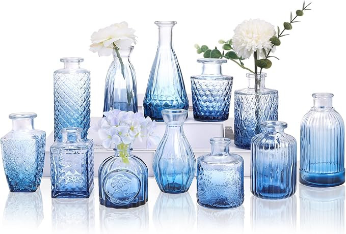 12 Pack Blue Glass Bud Vase Set, Small Vintage Vases for Centerpieces, Decorative Flower Vases fo... | Amazon (US)