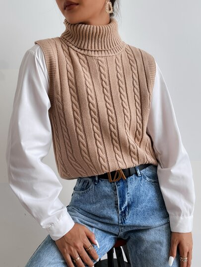High Neck Cable Knit Sweater Vest | SHEIN