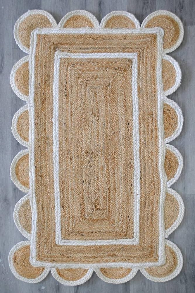 2x3 Ft. White Color Scalloped Design Jute Rug Kitchen Rug/Patio Rug/Hallway Rug/Entryway Rug/Outd... | Amazon (US)