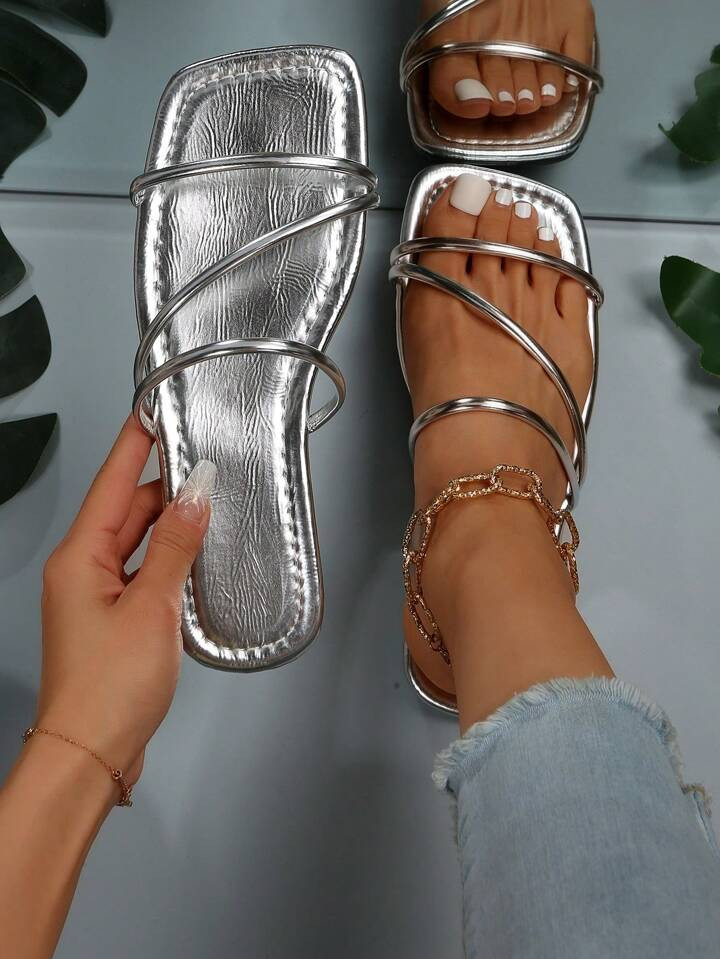 Women Metallic Thin Strap Slide Sandals, Glamorous Summer Flat Sandals | SHEIN