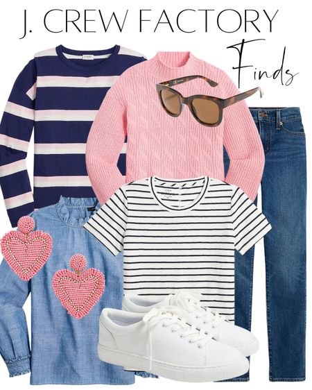 Spring outfits, Valentine’s Day outfits, pink outfit, white sneakers, J Crew Factory, beaded earrings, sunglasses, long sleeve tee, pink sweater, denim, denim top, denim shirt, striped shirt, pink and white



#LTKsalealert #LTKfit #LTKunder50