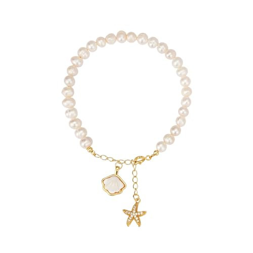 Sylph Baroque Pearl Bracelet for Women Natural Freshwater Pearl Bracelet with Starfish shells Gold Link Chain Bracelet Ladies Wife | Amazon (US)