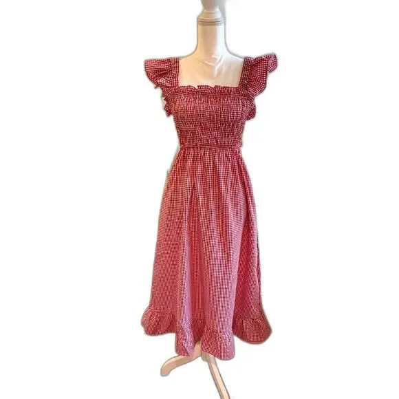 Sim & Sam Smocked Gingham Maxi Dress Sz M Red White Ruffled Sleeve Bow BNWT | Poshmark